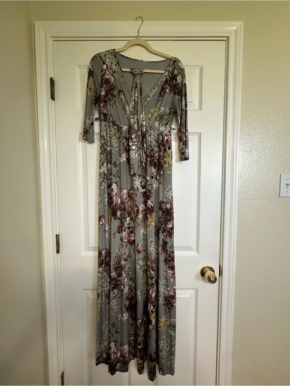 Pinkblush Maternity Grey Floral Tie-Front Maxi Dress with Mauve Accents